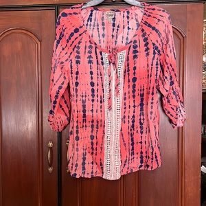 COMO Tie Dye Style Vintage Cute Tie Neck Boho Top Size Large